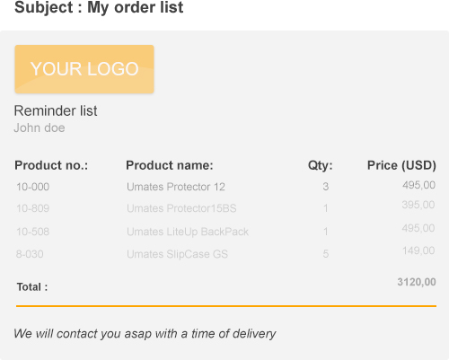 UniFlip webshop reminder and order list for email